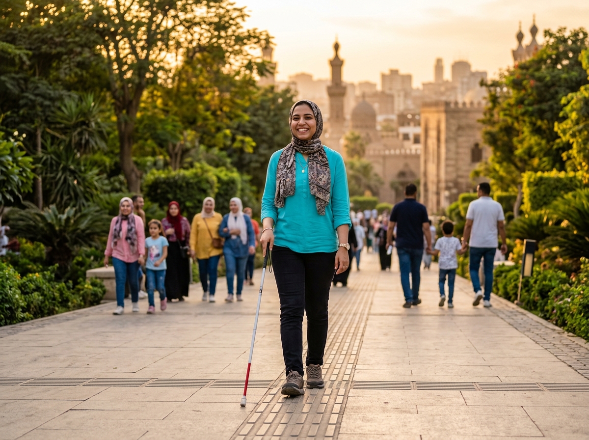 شابة كفيفة تسير بثقة وابتسامة ممسكة بالعصا البيضاء على مسار مخصص في بيئة آمنة