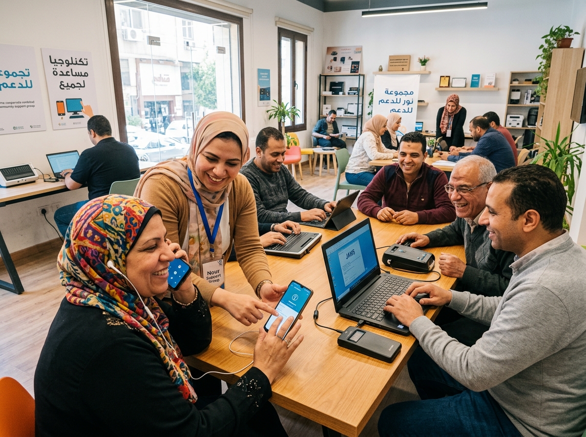 مجموعة من المستفيدين والمكفوفين يتدربون في بيئة تفاعلية دافئة على قارئات الشاشة والتقنيات المساعدة في ورشة عمل جمعية نور الشمس